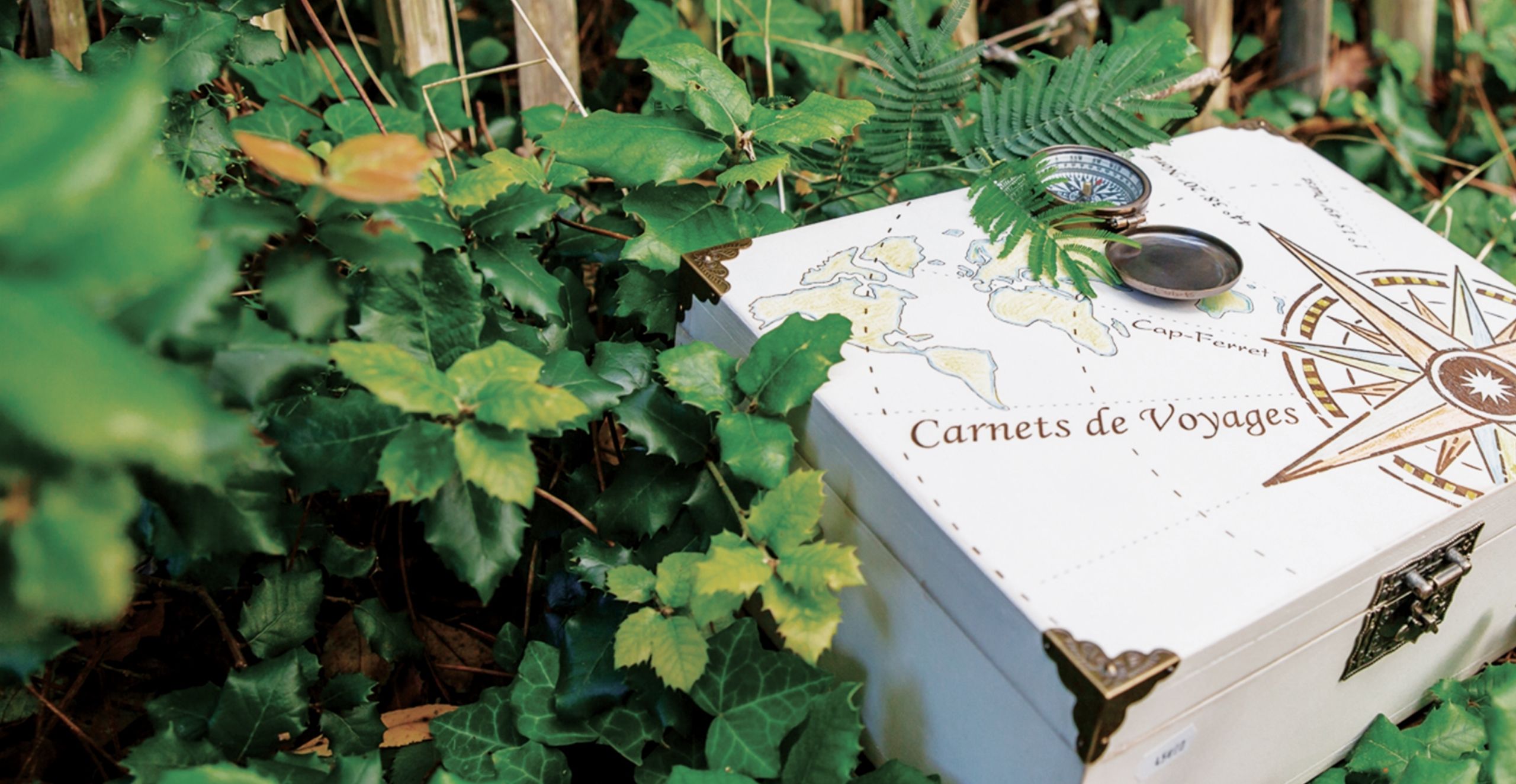 Boussole sur un coffret dans la verdure